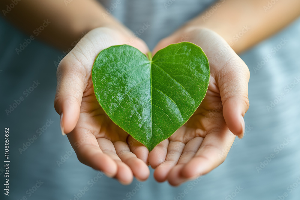 Hands holding green heart-shaped leaf. Hands holding green heart-shaped leaf.