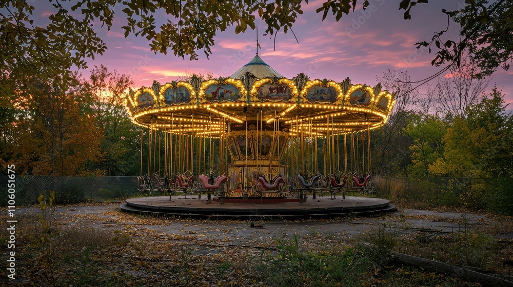 Abandoned Carousel Sparkling Under Dusk in a Creepy Old Amusement Park Surrounded by Autumn Leaves and Overgrown Nature Abandoned Carousel Sparkling Under Dusk in a Creepy Old Amusement Park Surrounded by Autumn Leaves and Overgrown Nature