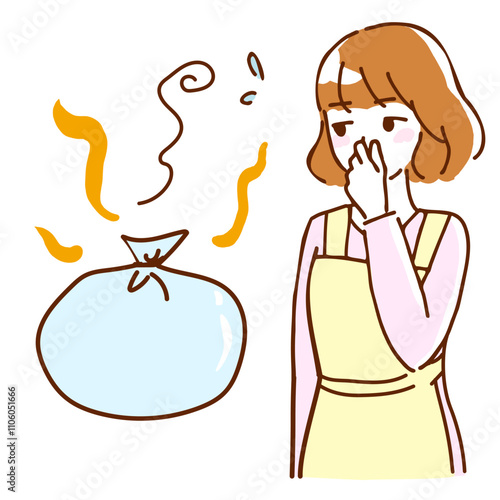 悪臭を放つゴミ袋が臭くて鼻をつまむ若い女性のイラスト