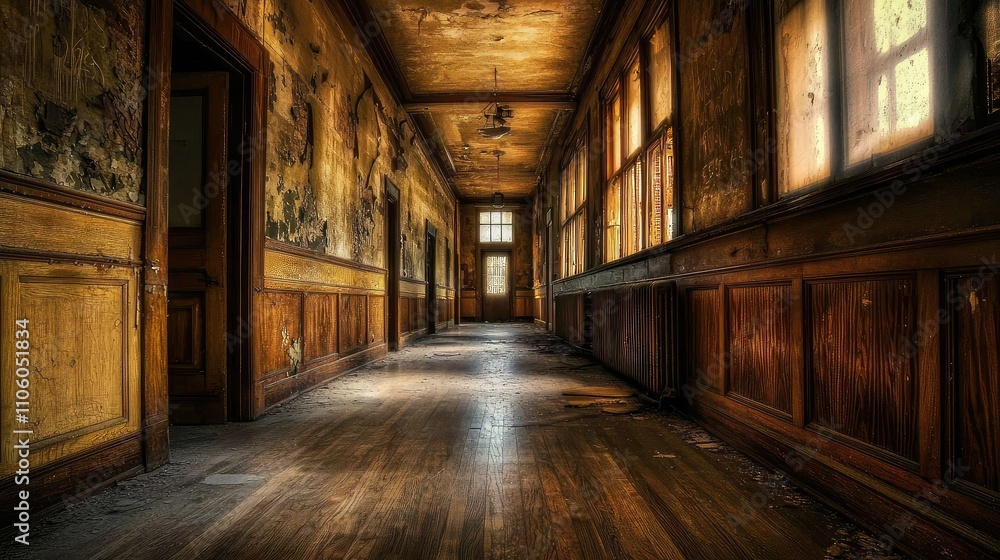 Eerie and Abandoned Hallway in a Dilapidated School Featuring Dim Lighting and Decaying Walls Surrounded by Dust and Shadows Eerie and Abandoned Hallway in a Dilapidated School Featuring Dim Lighting and Decaying Walls Surrounded by Dust and Shadows