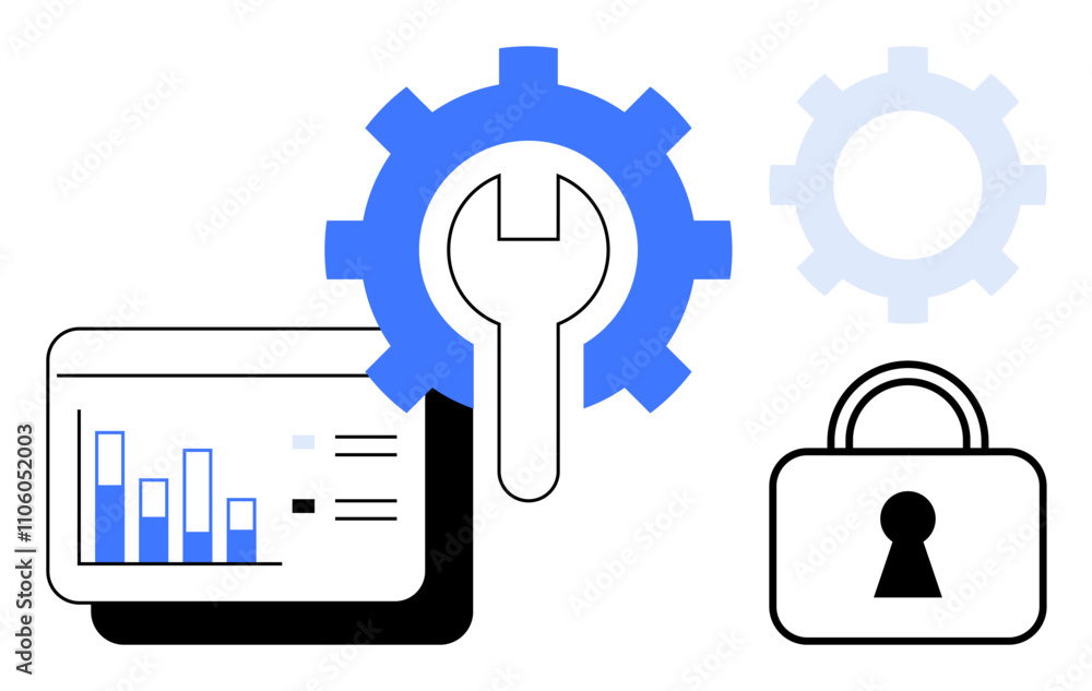 Chart with bar graph, wrench inside gear, and padlock. Ideal for data analysis, tool set-up, security, statistics, technology business productivity. Line metaphor Chart with bar graph, wrench inside gear, and padlock. Ideal for data analysis, tool set-up, security, statistics, technology business productivity. Line metaphor