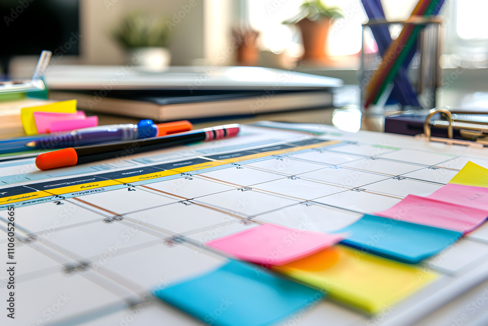 Organized Timetable with Sticky Notes and Pens on a Minimalist Desk for Efficient Planning and Scheduling Organized Timetable with Sticky Notes and Pens on a Minimalist Desk for Efficient Planning and Scheduling