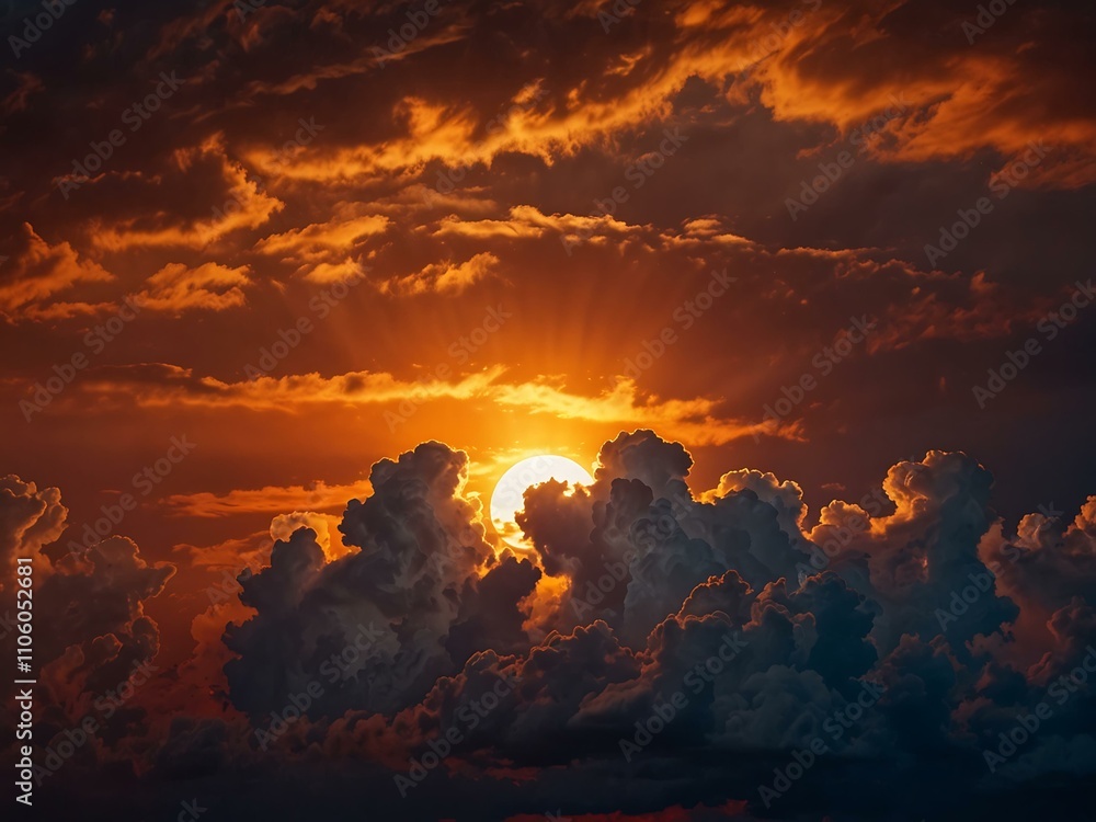 Fiery sunset with bright light surrounded by clouds. Fiery sunset with bright light surrounded by clouds.