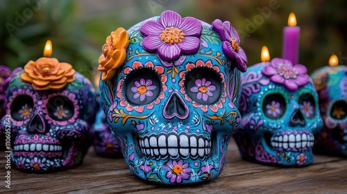 Vibrant and intricately decorated sugar skulls symbolize the celebration of life and death, adorned with flowers and designs for a festive cultural occasion.