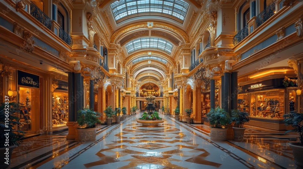 Fototapeta premium A grand and luxurious interior shopping arcade with ornate architectural details, intricate tile flooring, and elegant shopfronts under a glass dome ceiling