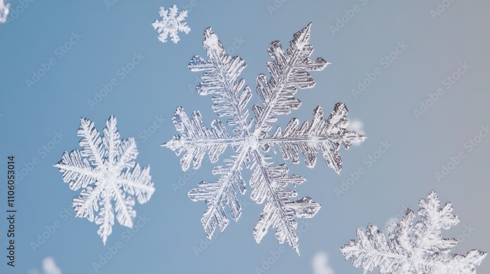 Intricate Ice Crystals Falling Against A Blue Sky Intricate Ice Crystals Falling Against A Blue Sky