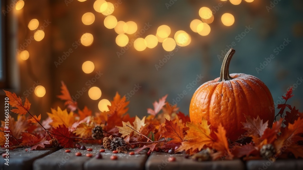A bright orange pumpkin sits atop a rustic wooden table, adorned with seasonal leaves and accompanied by warm glowing lights, capturing the essence of autumn A bright orange pumpkin sits atop a rustic wooden table, adorned with seasonal leaves and accompanied by warm glowing lights, capturing the essence of autumn