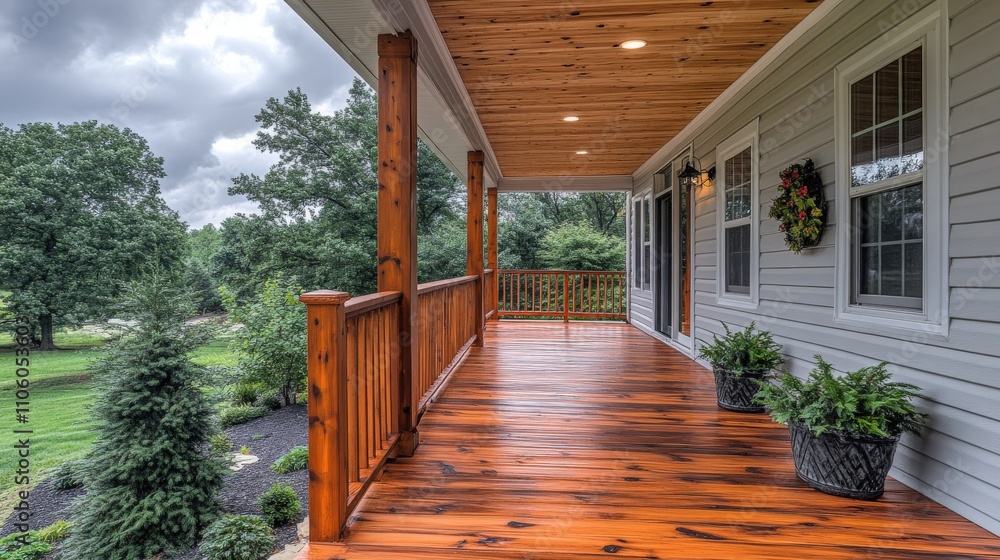 A spacious porch with wooden flooring, surrounded by greenery and a welcoming atmosphere. A spacious porch with wooden flooring, surrounded by greenery and a welcoming atmosphere.