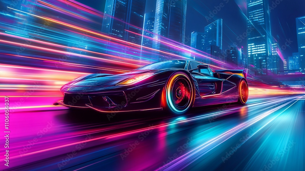 Futuristic sports car speeding through vibrant city at night. Futuristic sports car speeding through vibrant city at night.