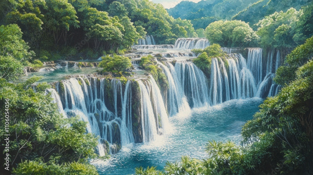 Obraz premium A serene waterfall cascading through lush greenery into a tranquil pool.