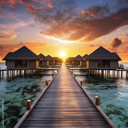 Hyper-Realistic Photo of White Sand Beach in Maldives with Floating Luxury Cottages at Sunset