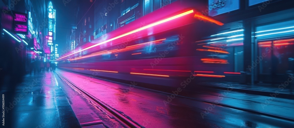 A brightly lit train speeding down a neon-lit city street at night. A brightly lit train speeding down a neon-lit city street at night.