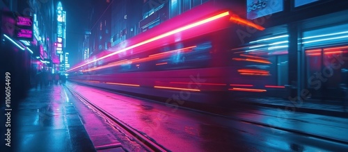 A brightly lit train speeding down a neon-lit city street at night.