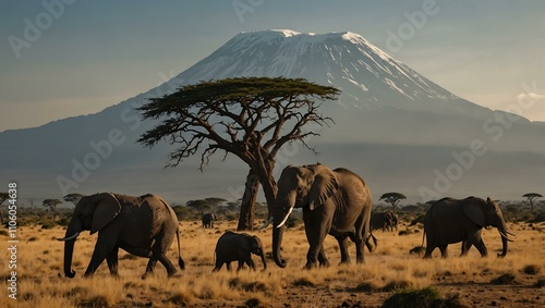 Fine art of Mount Kilimanjaro with elephants in Amboseli National Park.