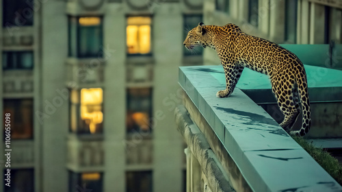 A striking leopard gazes over a cityscape from a rooftop, blending wild beauty with urban life. This stunning juxtaposition captures the essence of nature in the city. photo