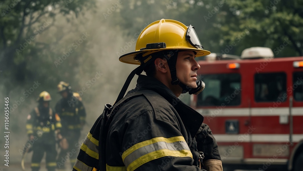 Fototapeta premium Firefighter standing bravely, symbolizing courage.