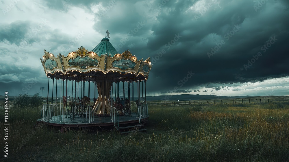 Fototapeta premium Abandoned Carousel Under Dark Stormy Sky in Desolate Landscape Evokes Haunting Beauty and Nostalgia of Forgotten Joys and Memories of a Past Era