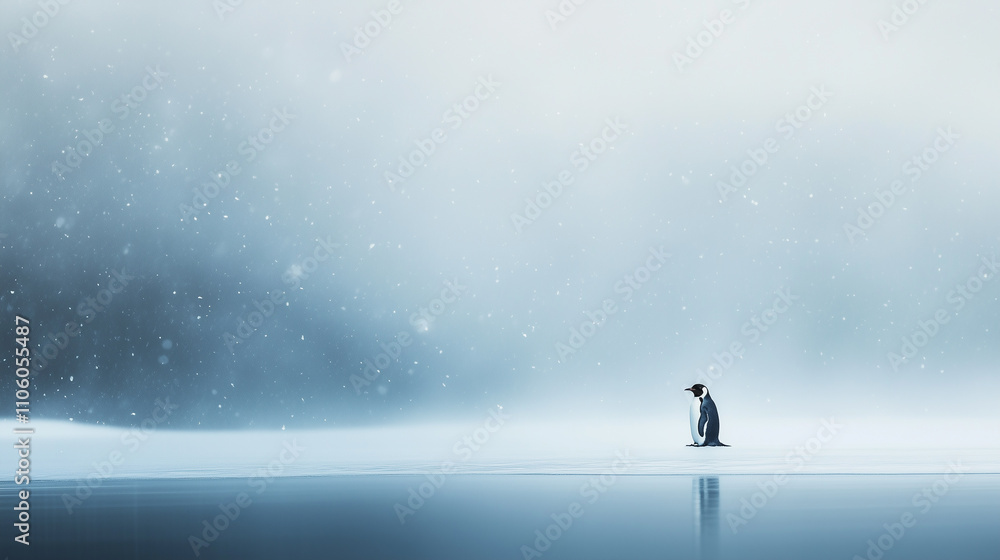 Lone Penguin Standing on Frozen Lake in Snowfall Lone Penguin Standing on Frozen Lake in Snowfall