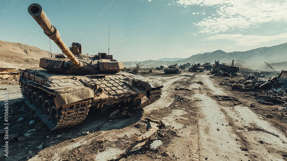 Desolate Battlefield Filled with Ruined Tanks and Destroyed Landscape, Capturing the Aftermath of War in a Stark and Haunting Environment Desolate Battlefield Filled with Ruined Tanks and Destroyed Landscape, Capturing the Aftermath of War in a Stark and Haunting Environment