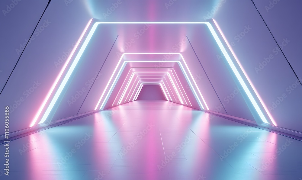 Fototapeta premium An empty corridor with a smooth, white surface and neon-lit triangular arches
