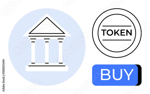 Bank building with columns, token symbol, and blue buy button. Ideal for financial technology presentations, digital assets, blockchain education, investment platforms, cryptocurrency tutorials