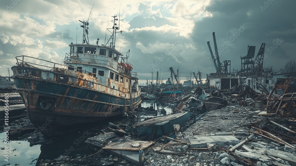 Fototapeta premium Abandoned Harbor with Wrecked Boats and Destroyed Structures Amidst an Overcast Sky Creating a Somber and Desolate Atmosphere in a Maritime Scene