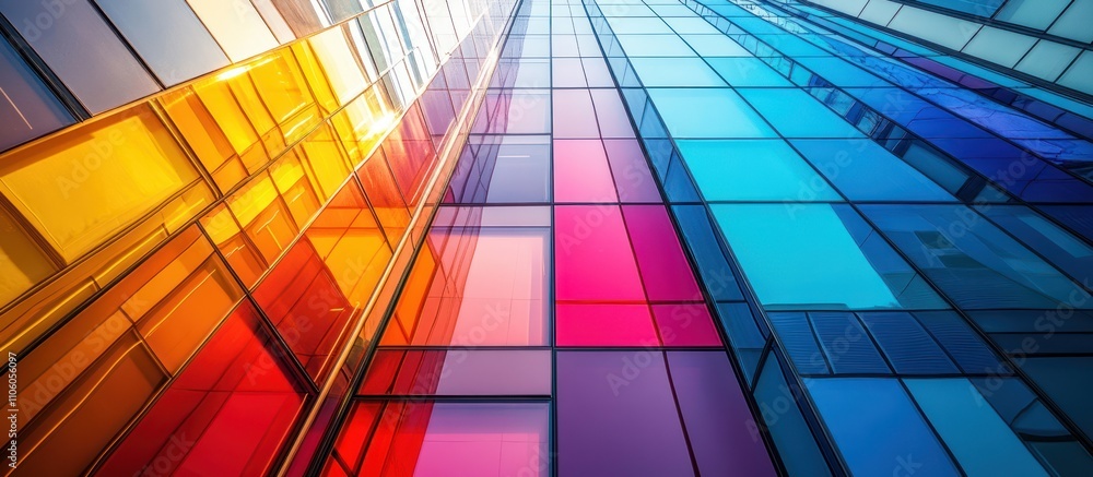 Fototapeta premium Colorful glass facade of a modern building with a low angle view from street level.
