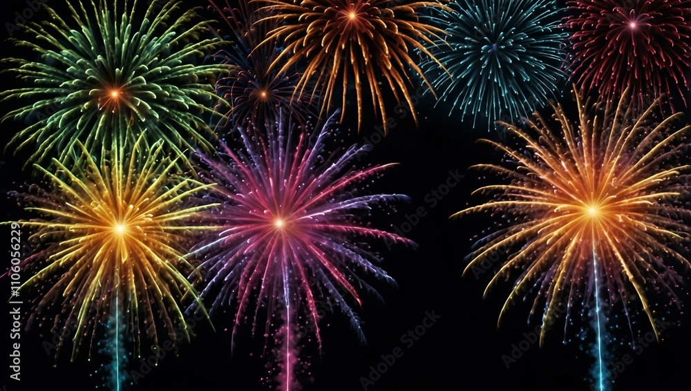 Naklejka premium Fireworks with ribbons and explosions in neon colors.