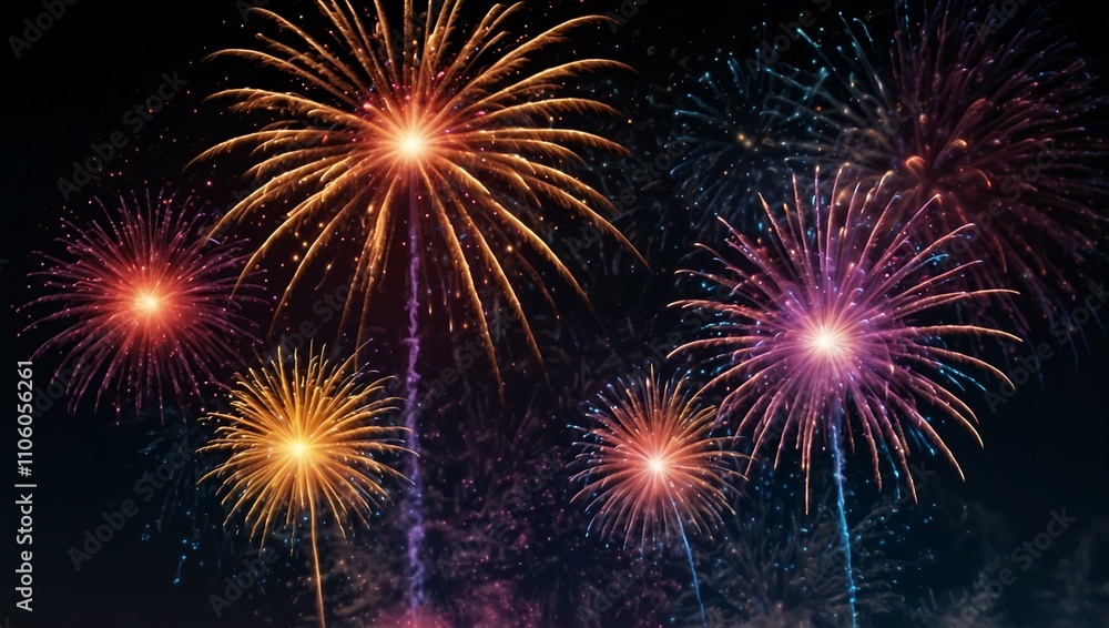 Naklejka premium Fireworks with ribbons and explosions in neon colors.