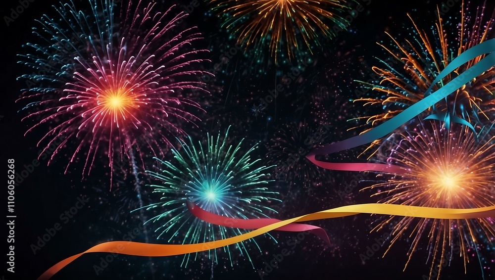Fototapeta premium Fireworks with ribbons and explosions in neon colors.