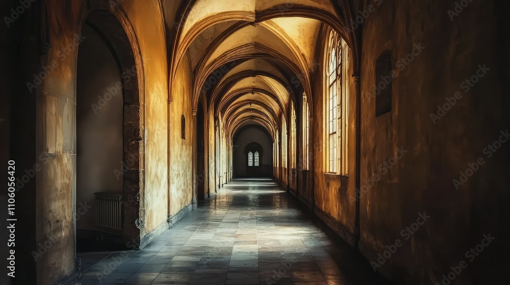 Dimly Lit Corridor in an Old Castle Evokes Eerie Atmosphere with Shadows and Sounds for Mysterious, Spooky Themes in Photography Dimly Lit Corridor in an Old Castle Evokes Eerie Atmosphere with Shadows and Sounds for Mysterious, Spooky Themes in Photography