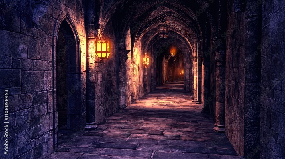 Obraz premium Dimly Lit Corridor Inside an Old Castle, Featuring Eerie Sounds and Atmospheric Lighting Creating a Mysterious and Enigmatic Ambience