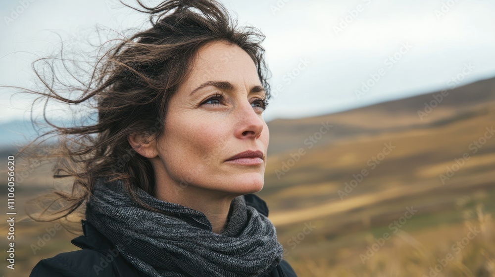 A dramatic portrait of a woman against a picturesque landscape, with wind in her hair and a thoughtful expression A dramatic portrait of a woman against a picturesque landscape, with wind in her hair and a thoughtful expression