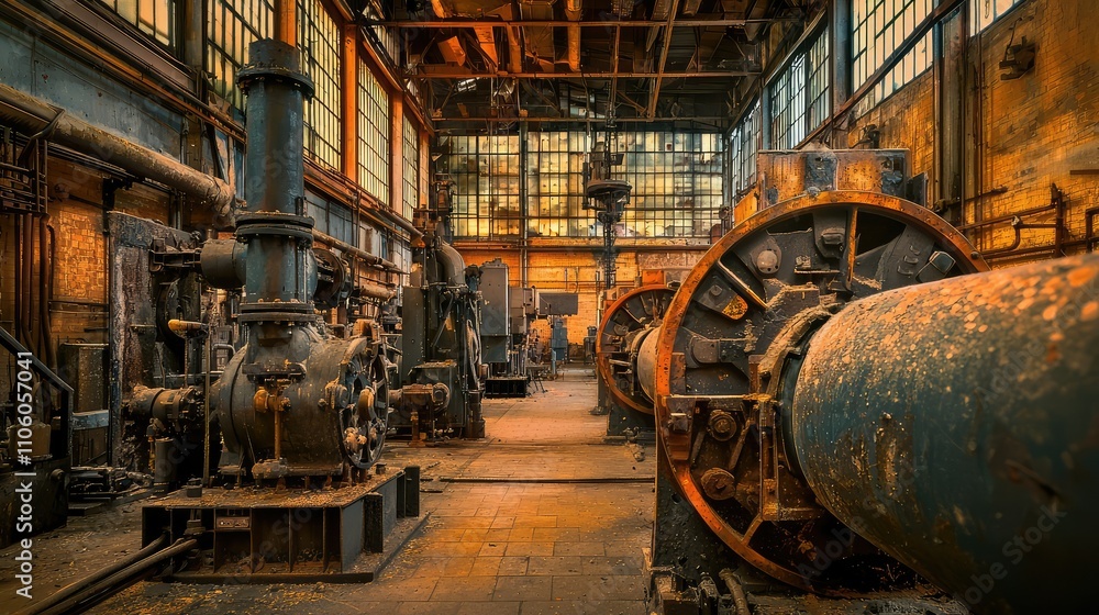 Eerie Atmosphere of an Abandoned Factory Featuring Broken Machinery and Dim Lighting, Capturing the Desolation and Historical Significance of Industrial Ruins Eerie Atmosphere of an Abandoned Factory Featuring Broken Machinery and Dim Lighting, Capturing the Desolation and Historical Significance of Industrial Ruins