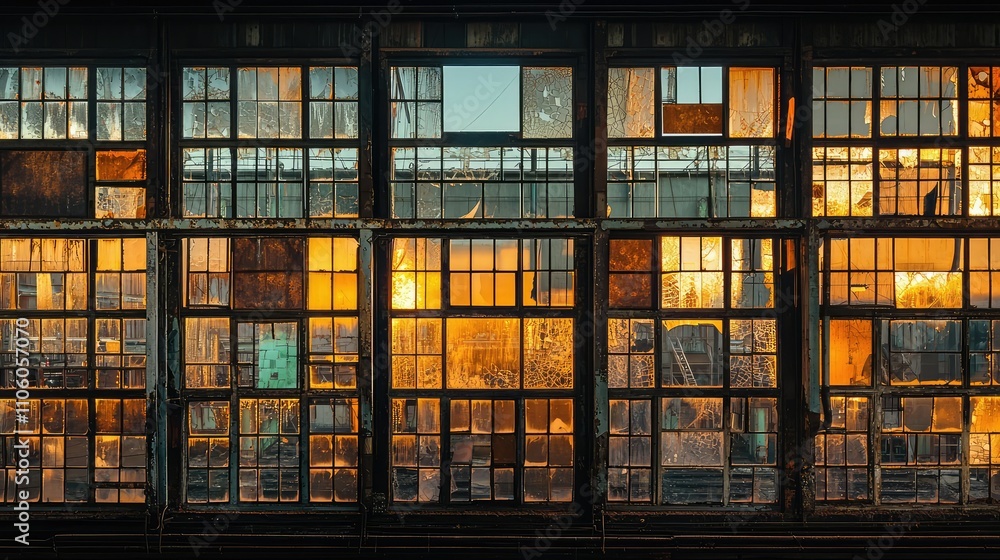 Eerie Abandoned Factory Featuring Broken Windows and Dark Surroundings Capturing a Haunting Atmosphere at Sunset Eerie Abandoned Factory Featuring Broken Windows and Dark Surroundings Capturing a Haunting Atmosphere at Sunset