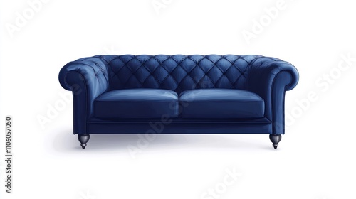 Elegant navy blue velvet Chesterfield sofa isolated on white.