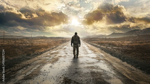 A dramatic scene of a lone survivor traveling down an apocalyptic road, evoking a sense of solitude