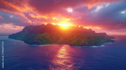 A stunning sunset over a lush, mountainous island surrounded by tranquil ocean waters.