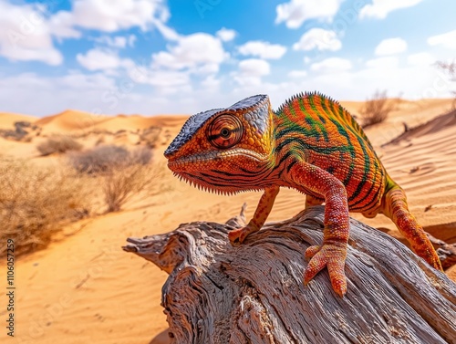 Colorful chameleon exploring driftwood under the bright sun in a desert landscape photo