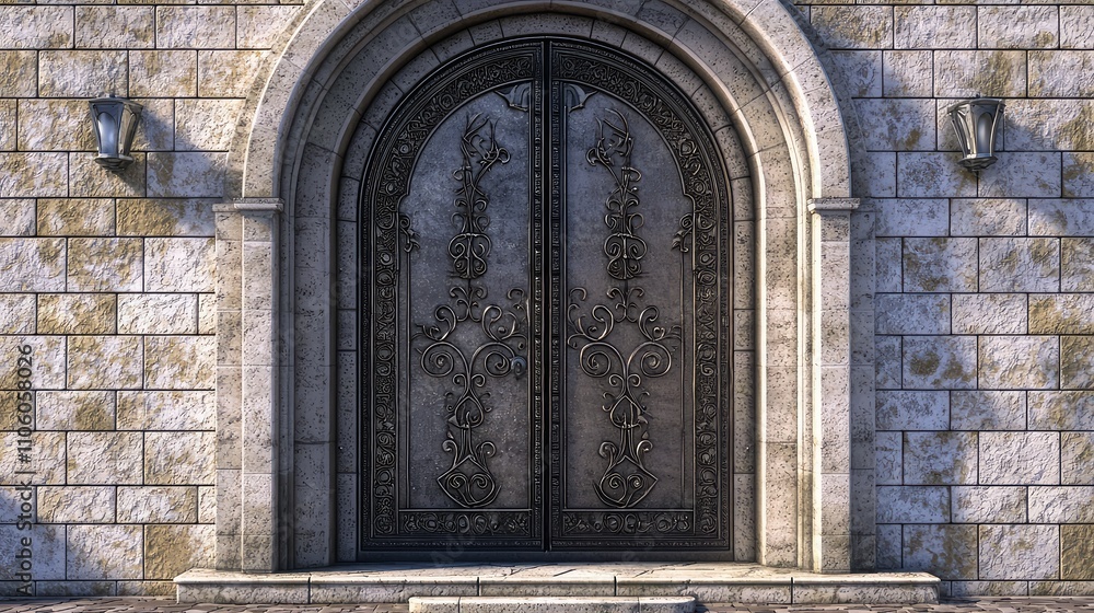 Elegant Arched Doorway Adorned with Detailed Iron Latticework Set Against a Stone Wall in a Grand Architectural Style Elegant Arched Doorway Adorned with Detailed Iron Latticework Set Against a Stone Wall in a Grand Architectural Style