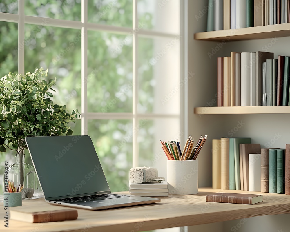 A serene workspace featuring a modern laptop, organized bookshelves, and a touch of greenery. Ideal for promoting productivity and a peaceful office environment. A serene workspace featuring a modern laptop, organized bookshelves, and a touch of greenery. Ideal for promoting productivity and a peaceful office environment.