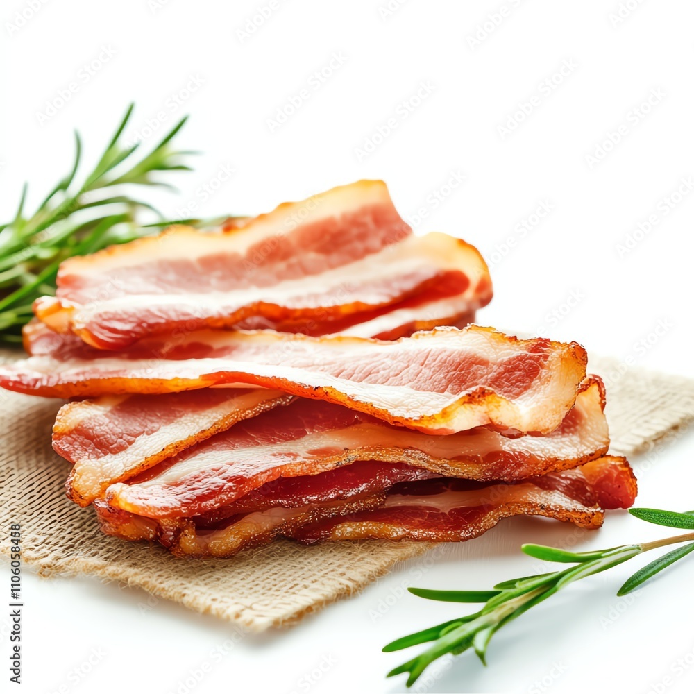 Sliced crispy bacon with herbs on a rustic cloth, white isolate background. Sliced crispy bacon with herbs on a rustic cloth, white isolate background.
