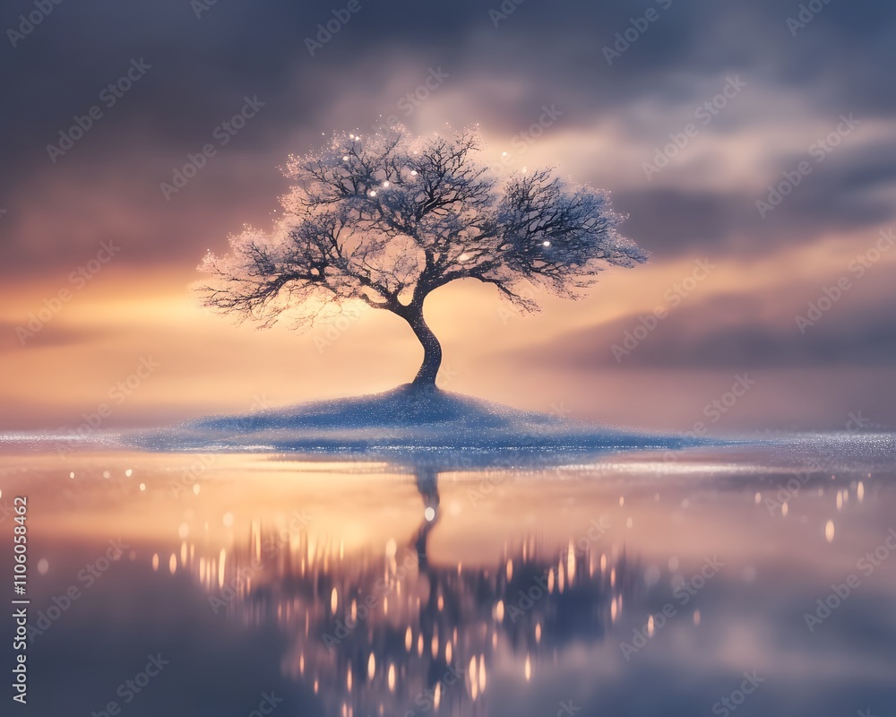 A solitary tree stands on a calm island, reflecting its beauty on still water, surrounded by a dramatic sky that showcases the tranquility of nature at dawn. A solitary tree stands on a calm island, reflecting its beauty on still water, surrounded by a dramatic sky that showcases the tranquility of nature at dawn.