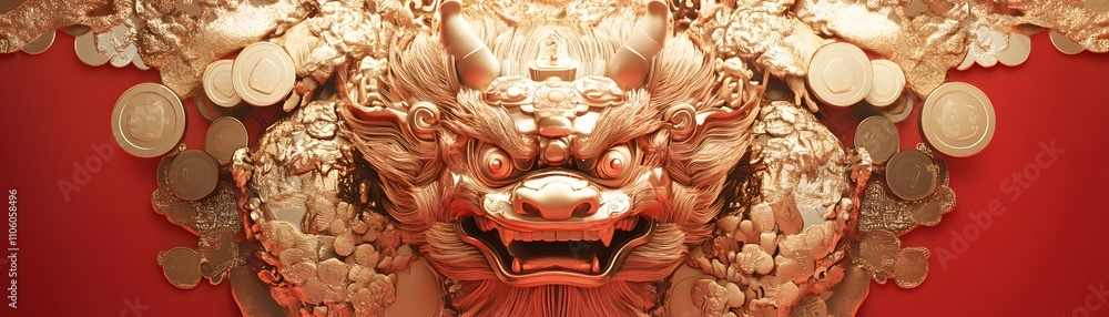 A striking close-up of an intricate golden lion sculpture against a vibrant red backdrop, symbolizing strength and prosperity A striking close-up of an intricate golden lion sculpture against a vibrant red backdrop, symbolizing strength and prosperity