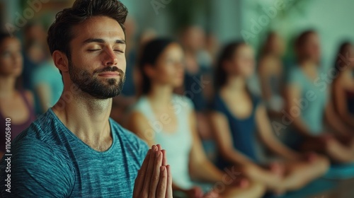 A yoga instructor guides the class to exhale deeply, focusing on mindfulness and relaxation techniques to calm the body and mind