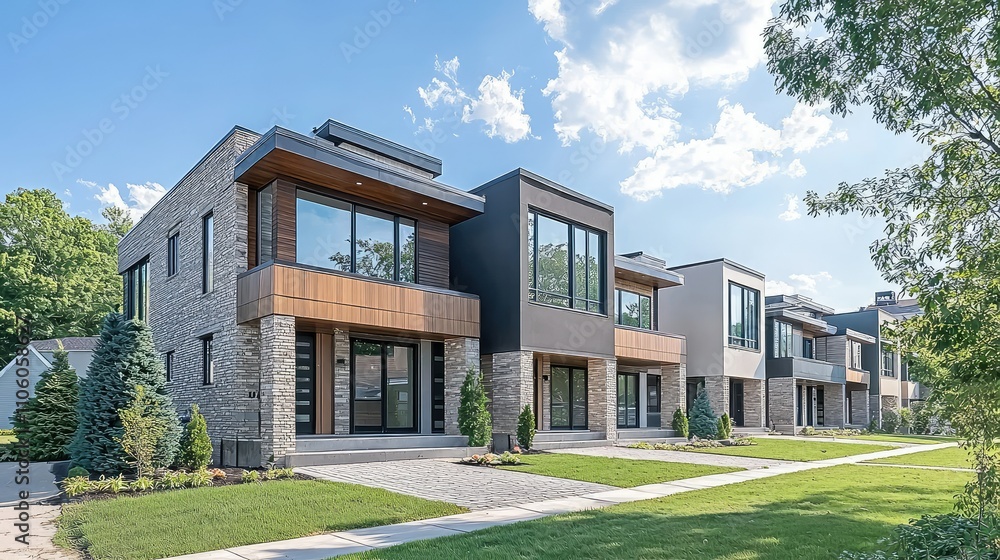 Fototapeta premium Modern Suburban Neighborhood Architecture Featuring Stylish Homes with Unique Designs Amidst Lush Greenery and Clear Blue Skies