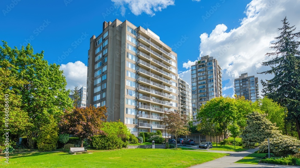 Modern High-Rise Apartment Building Surrounded by Lush Greenery and Scenic Views in Vibrant Urban Landscape Under Clear Blue Sky Modern High-Rise Apartment Building Surrounded by Lush Greenery and Scenic Views in Vibrant Urban Landscape Under Clear Blue Sky