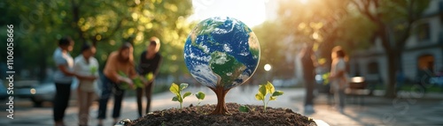 environment consideration concept. A tree shaped like Earth in the center of a park, surrounded by diverse cultures planting saplings, global unity in environmental efforts, policy, nature symbolism