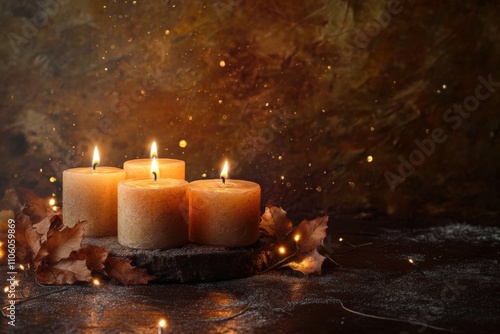 Obituaries. Fourth Advent Candlelight on Dark Brown Panorama for Christmas Card photo