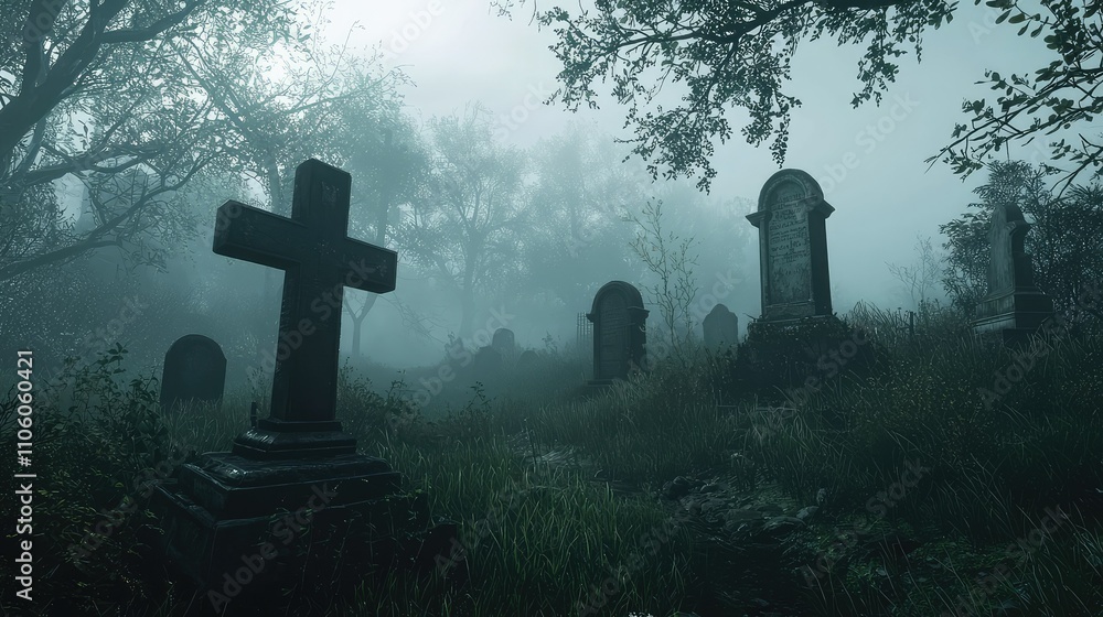 Eerie Foggy Graveyard Scene with Ancient Tombstones Shrouded in Mist, Creating a Haunting Atmosphere of Mystery and Reflection Eerie Foggy Graveyard Scene with Ancient Tombstones Shrouded in Mist, Creating a Haunting Atmosphere of Mystery and Reflection